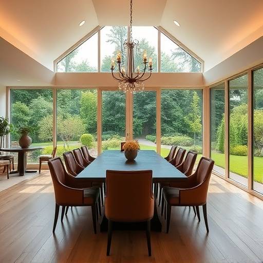 Dining area with a large table, seating eight, and floor-to-ceiling windows overlooking the garden