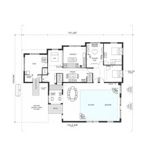Floor plan of the villa showing the layout of rooms, including bedrooms, bathrooms, living spaces, and outdoor areas