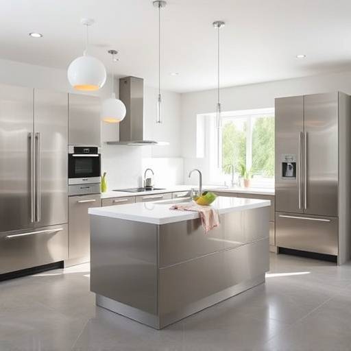 Modern kitchen inside the villa featuring stainless steel appliances, a large island, and sleek cabinetry