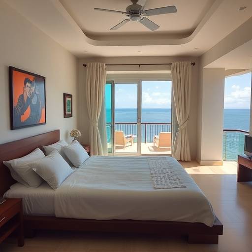 One of the villa's bedrooms, showcasing a king-size bed, ensuite bathroom, and private balcony with ocean views