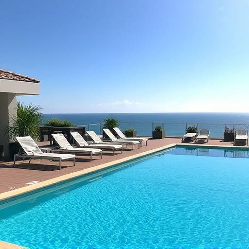 Swimming pool area with lounge chairs, umbrellas, and panoramic views of the ocean and coastline